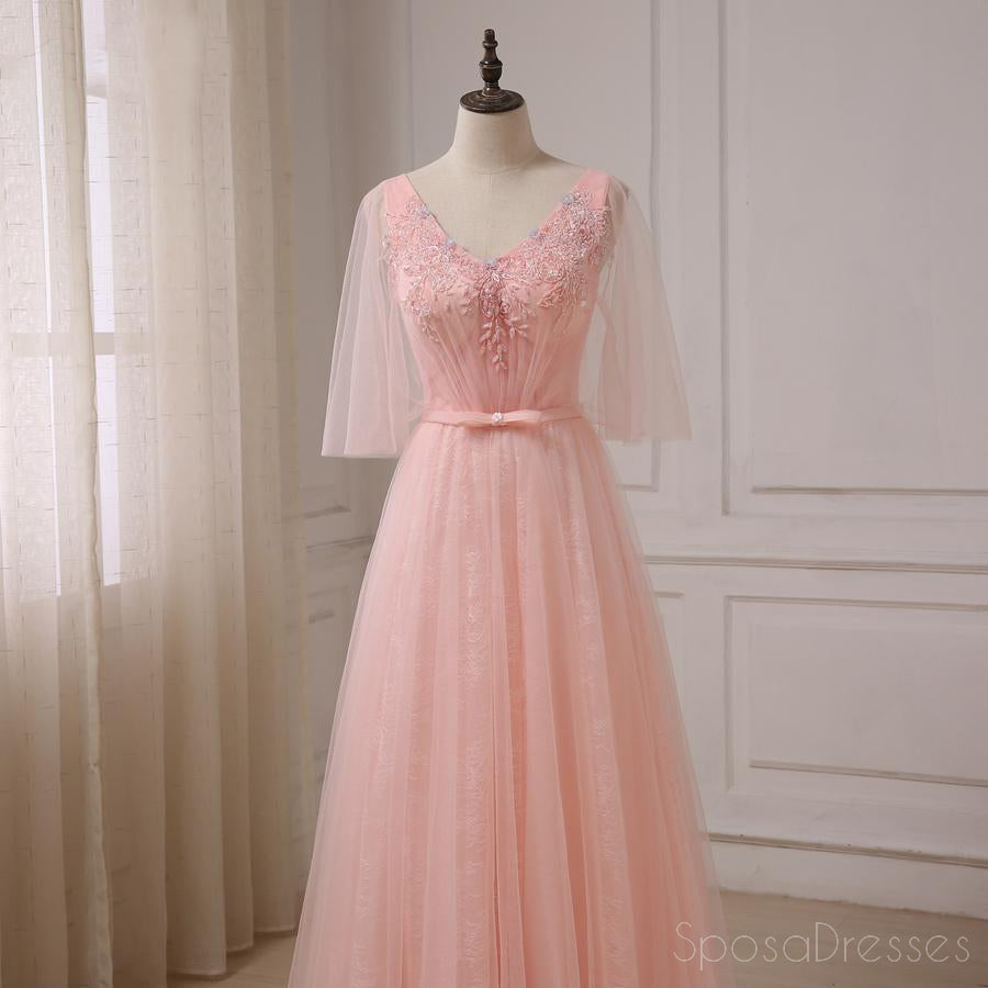 Peach Tulle Beaded Short Sleeve Long Evening Prom Dresses, Popular Cheap Long 2018 Party Prom Dresses, 17245