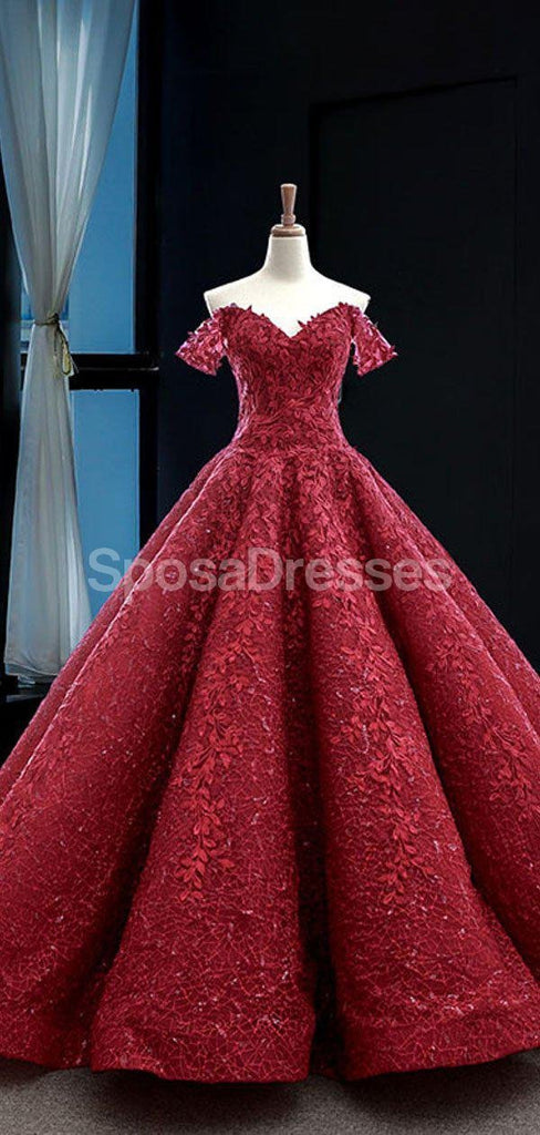 Off Shoulder Dark Red Lace Ball Gown Evening Prom Dresses, Evening Party Prom Dresses, 12258