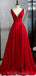 V Neck Simple Red A-line Long Evening Prom Dresses, Evening Party Prom Dresses, 12332