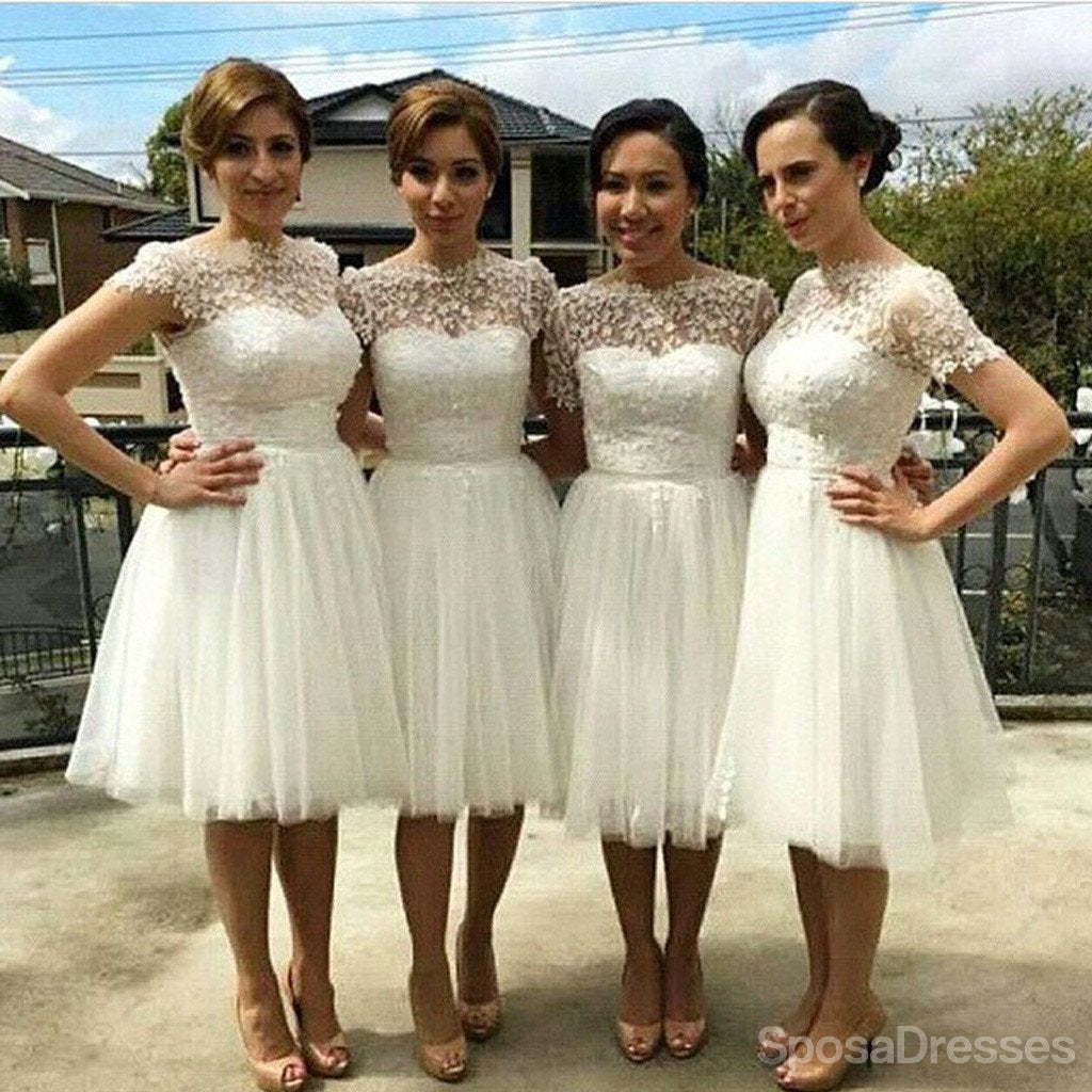 Bela Manga de Tule Branco de Manga Curta na altura do Joelho de Casamento Vestidos de Festa, Barato Baile de Formatura, Vestidos de festa, WG140