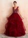 V Neck Dark Red Beaded Ball Gown Evening Prom Dresses, Evening Party Prom Dresses, 12136