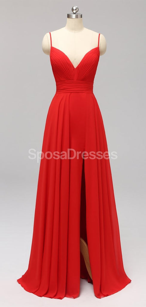 Side Slit Spaghetti Straps Red Chiffon Long barato dama de honra vestidos on-line, WG592