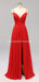 Side Slit Spaghetti Straps Red Chiffon Long barato dama de honra vestidos on-line, WG592