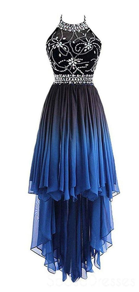 Halter Beaded High Chiffon Ombre Cheap Long Evening Prom Dresses, Sweet16 Dresses, 18406