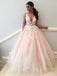 Sexy See Through Lace Applique Pale Pink A line Long Custom Evening Prom Dresses, 17450