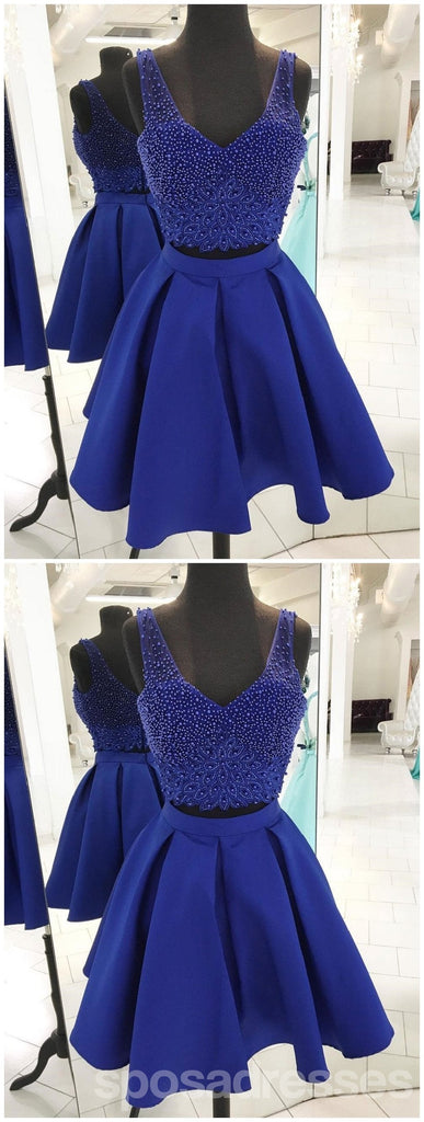 V Neck Beaded Royal Blue Two Piece Homecoming Dresses 2018, CM500