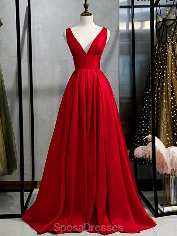 V Neck Simple Red A-line Long Evening Prom Dresses, Evening Party Prom Dresses, 12332