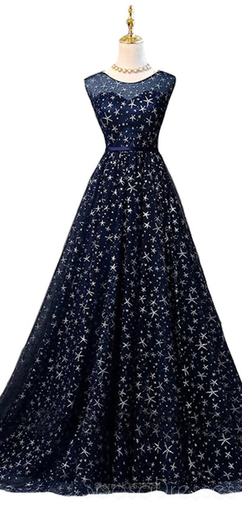 Scoop Navy Star Sequin Cheap Long Evening Prom Robes, Cheap Custom Sweet 16 Robes, 18536