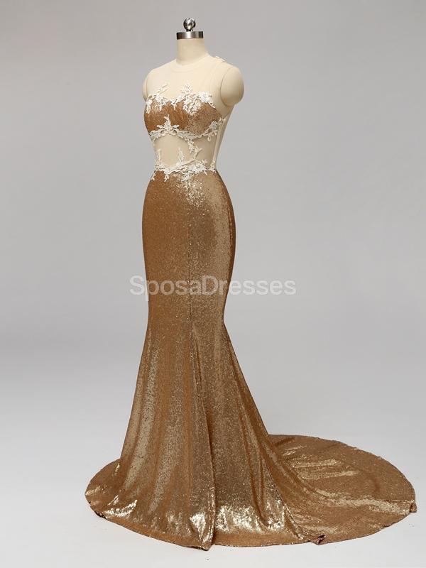 Gold Sequin See Through Mermaid Cheap Bridesmaid Dresses Online, WG595