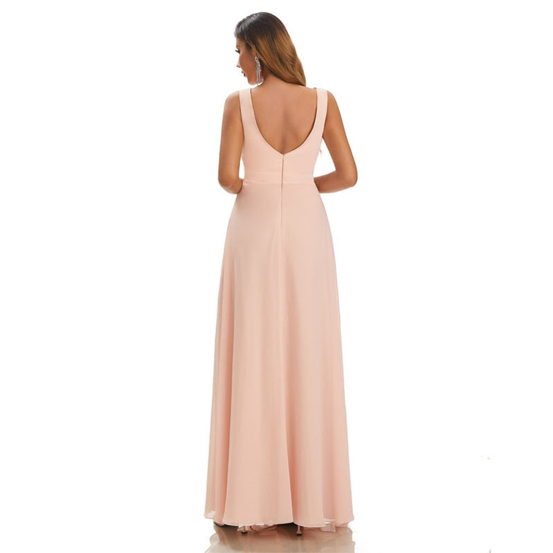 Pink A-line Straps V-neck Cheap Chiffon Long Bridesmaid Dresses,WG1608