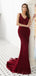 Dark Red V Neck Lace Rhinestone Beaded Evening Prom Dresses, Evening Party Prom Dresses, 12090