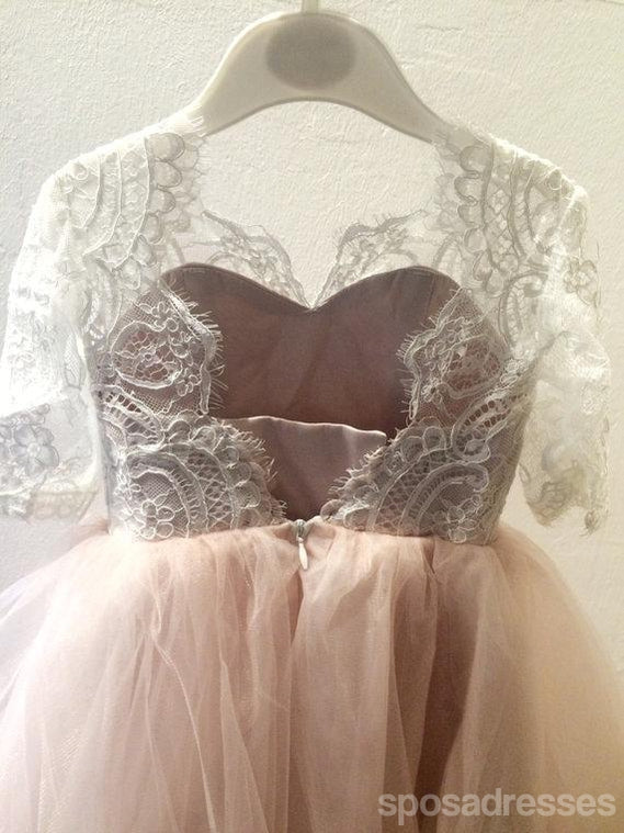 Lace Top Half Sleeves Pink Tulle Flower Girl Dresses, V-back Popular Little Girl Dresses,  FG027