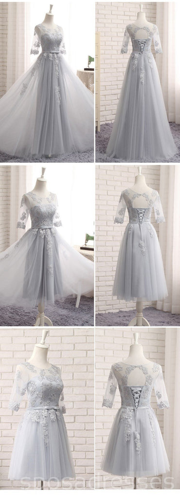 Long Sleeve Gray Lace A line Long Bridesmaid Dresses, Bridesmaid Dresses, BD020