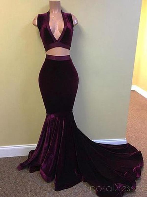 Two Pieces V Neck Dark Purple Mermaid Long Evening Prom Dresses, 17503