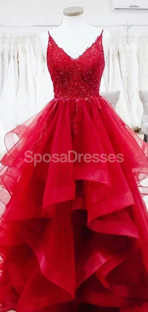 Red Spaghetti Straps Lace Beaded Ruffles Evening Prom Dresses, Evening Party Prom Dresses, 12277