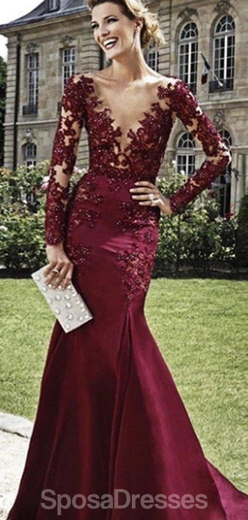 Maroon Manches longues Scoop Neck Lace Mermaid Long Evening Prom Robes, Soirée Party Prom Robes, 12201