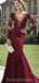 Maroon Long Sleeves Scoop Neck Lace Mermaid Long Evening Prom Dresses, Evening Party Prom Dresses, 12201