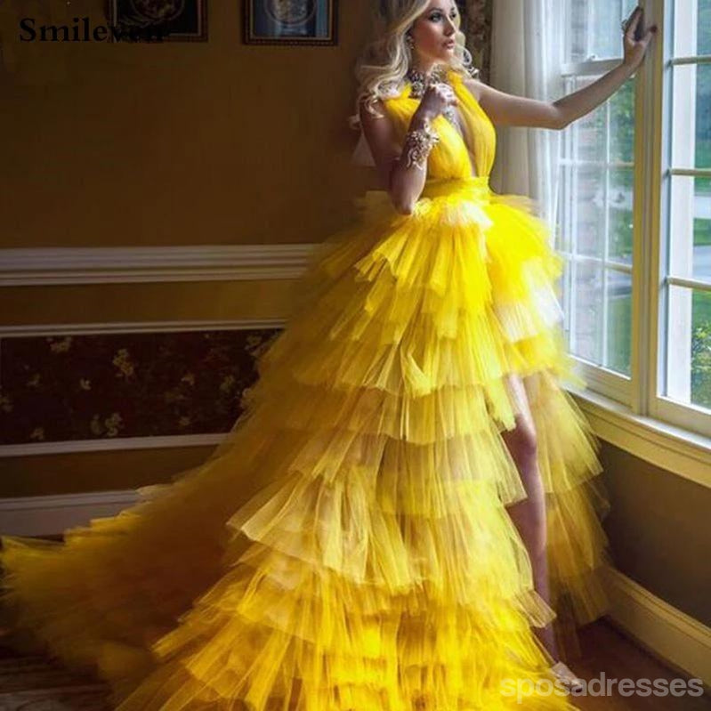 Yellow A-line V-neck Cheap Long Prom Dresses Online,Dance Dresses,12581