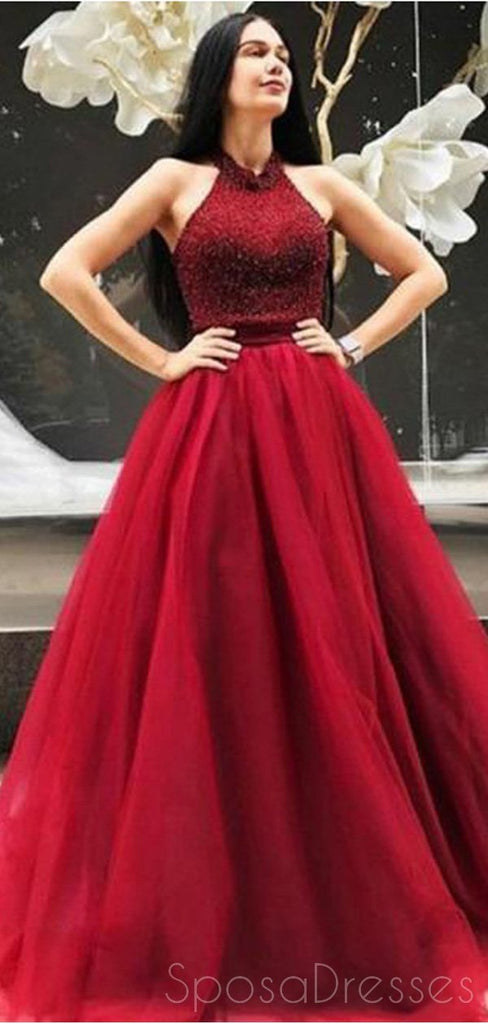 Red Halter Beaded A-line Cheap Long Evening Prom Dresses, Cheap Sweet 16 Dresses, 18390