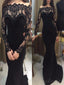 Long Sleeve Black Lace Mermaid Long Evening Prom Dresses, Popular Cheap Long Custom Party Prom Dresses, 17342