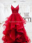 Red Spaghetti Straps Lace Beaded Ruffles Evening Prom Dresses, Evening Party Prom Dresses, 12277