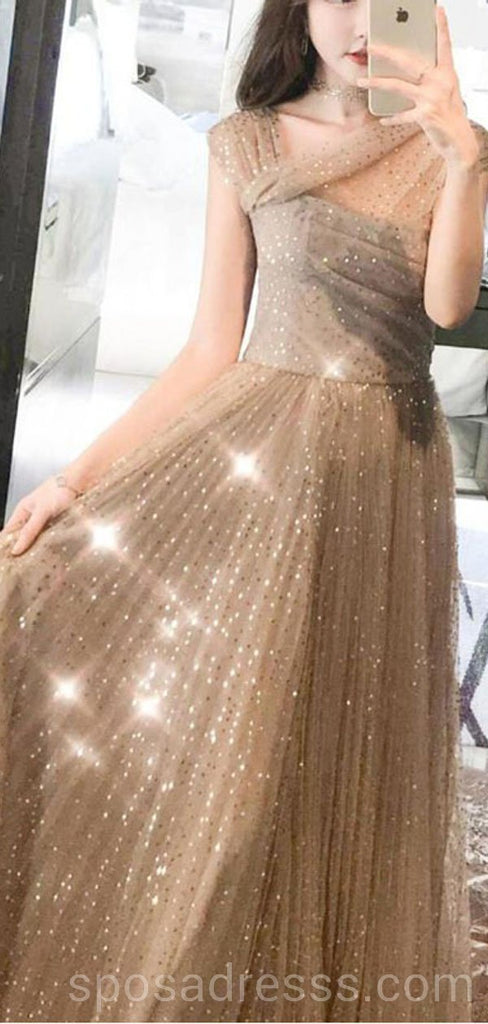 Off Shoulder Sparkly Gold A-line Long Evening Prom Dresses, Cheap Custom Sweet 16 Dresses, 18567