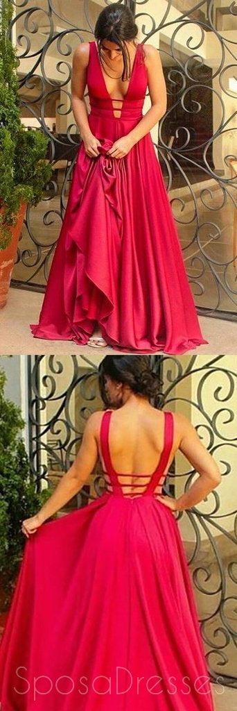 Sexy Backless Dark Red V Neck A line Long Evening Prom Dresses, 17458