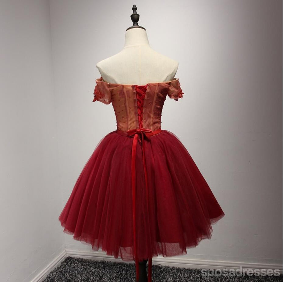 Fuera del Hombro de Manga Corta Roja de Encaje de Regreso a casa vestidos de fiesta, Vestidos Asequibles a Corto Partido de la parte Posterior del Corsé vestidos de fiesta, Vestidos Perfectos Vestidos de Regreso a casa, CM215