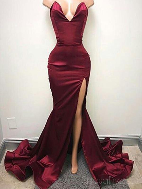 Sexy V Neck Maroon Side Slit Mermaid Long Evening Prom Dresses, 17504