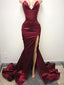 Sexy V Neck Maroon Side Slit Γοργόνα Long Evening Prom Dresses, 17504