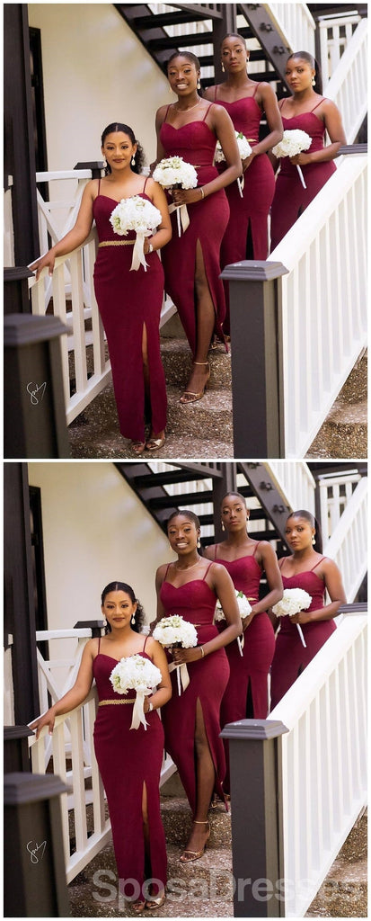 Spaghetti Straps Side Slit Maroon Mermaid Long  Bridesmaid Dresses Online, WG650