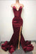 Sexy V Neck Maroon Side Slit Mermaid Long Evening Prom Dresses, 17504