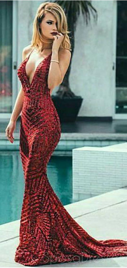 Sexy Backless V neck Mermaid Sequin Cheap Long Evening Prom Dresses, Cheap Sweet 16 Dresses, 18389