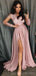 Long Sleeves Side Slit Pink Long Evening Prom Dresses, Cheap Custom Sweet 16 Dresses, 18465