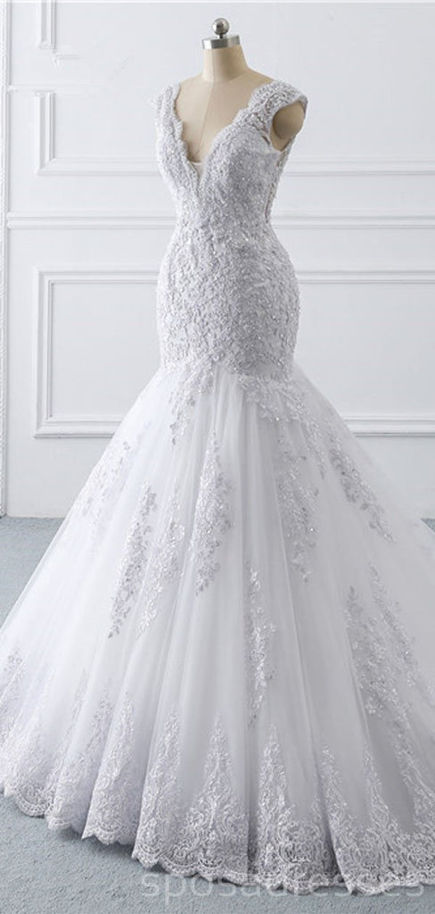 Vestidos de novia de encaje blanco mangas casquillo en línea, vestidos de novia baratos, WD511