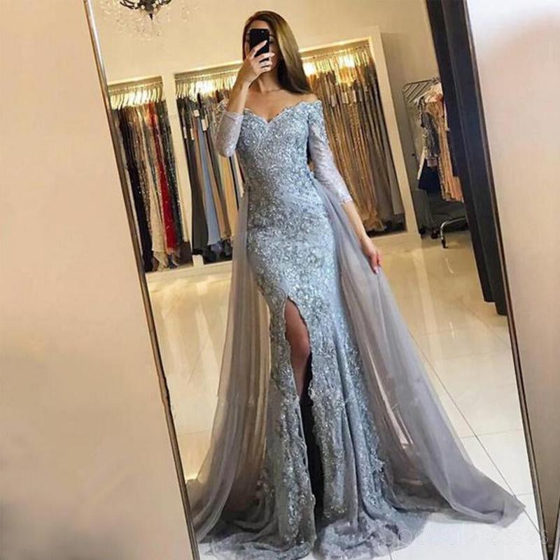 De Manga Comprida, Renda Empoeirada E Azul, Corte Ao Lado Dos Vestidos De Baile De Formatura, Vestidos Populares De Baile De 2018, Vestidos De Baile Personalizados, Vestidos Formais Baratos, 17206