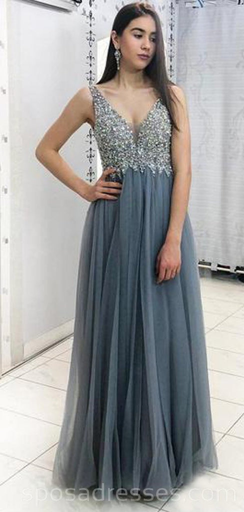 Grey Lace Beaded V-Neck Cheap Long Evening Prom Dresses, Evening Party Prom Dresses, 18637