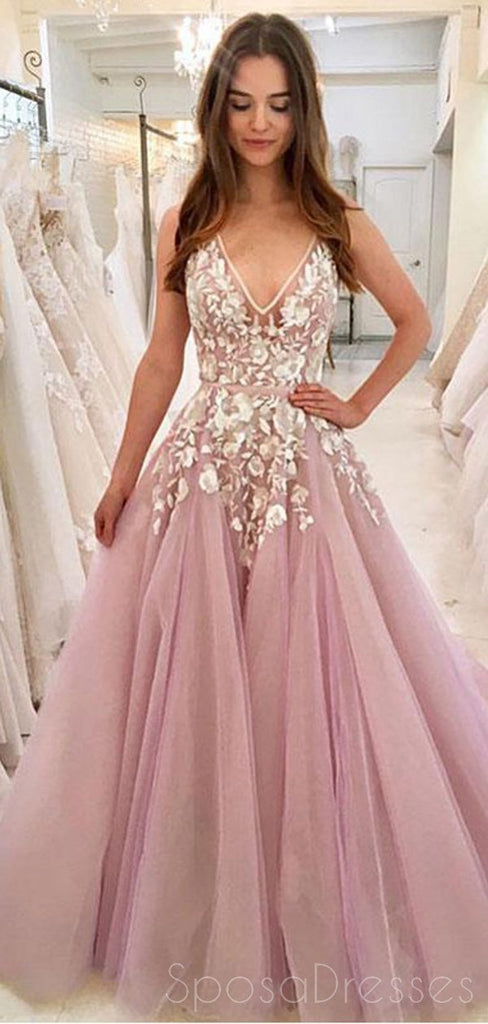 Φορέματα V Neck A-line Lace Pink Long Evening Prom Dresses, Cheap Custom Sweet 16 Dresses, 18445