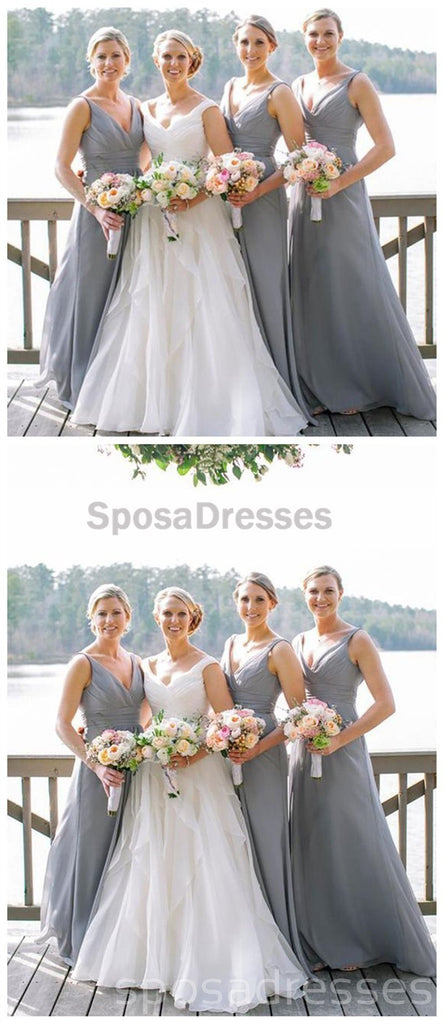 Vestidos de dama de honra longos baratos em chiffon com decote em V, WG236