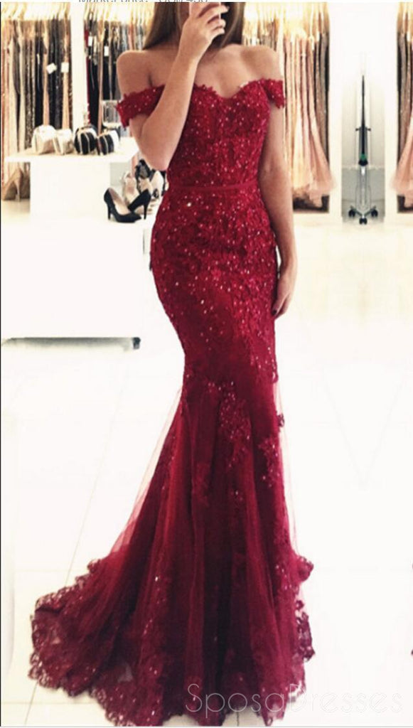 Vestidos de fiesta de noche de sirena con cuentas de encaje rojo oscuro con hombros descubiertos, vestidos de fiesta populares de fiesta 2018, vestidos de fiesta largos personalizados, vestidos de fiesta formales baratos, 17207