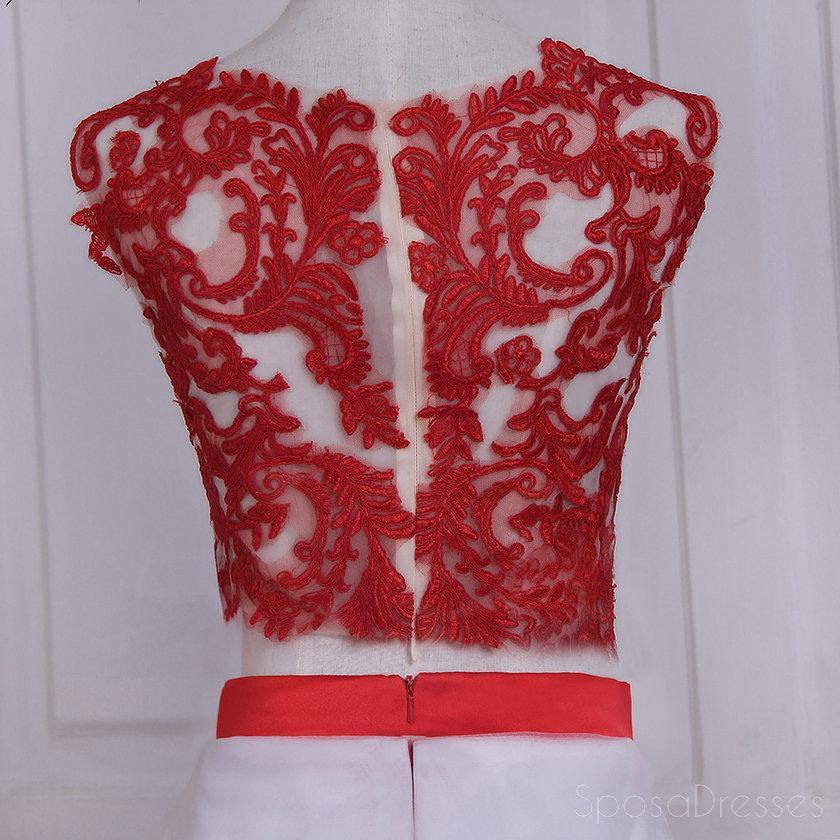 Two Pieces Red Lace Hand Made Flower A line Long Evening Prom Dresses, 17556