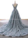 V Neck Dusty Blue Lace Long Evening Prom Dresses, Evening Party Prom Dresses, 12230