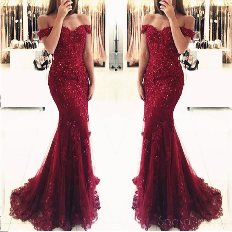 Off Shoulder Dark Red Lace Beaded Mermaid Evening Prom Dresses, Cheap Formal Prom Dresses, 17207