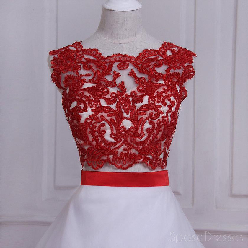 Two Pieces Red Lace Hand Made Flower A line Long Evening Prom Dresses, 17556