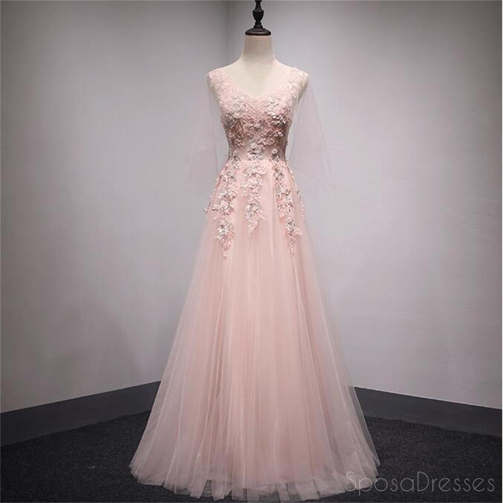 V Neckline Peach Lace Evening Prom Dresses, Popular Lace Party Prom Dresses, Custom Long Prom Dresses, Cheap Formal Prom Dresses, 17188