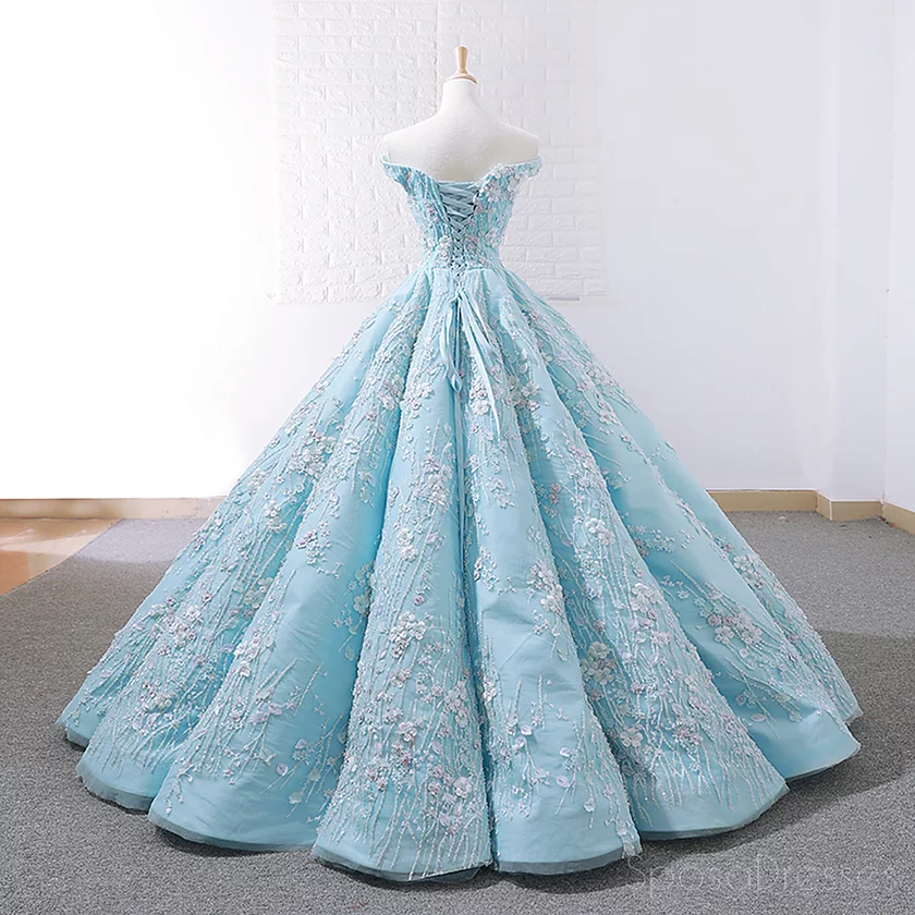 Fuera del hombro Tiffany Blue Ball Gown Vestidos de fiesta largos y baratos por la noche, Vestidos de encargo baratos Sweet 16, 18532