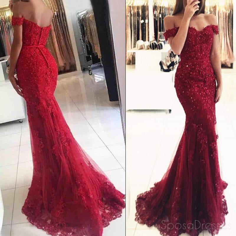 Off Shoulder Dark Red Lace Beaded Mermaid Evening Prom Dresses, Cheap Formal Prom Dresses, 17207