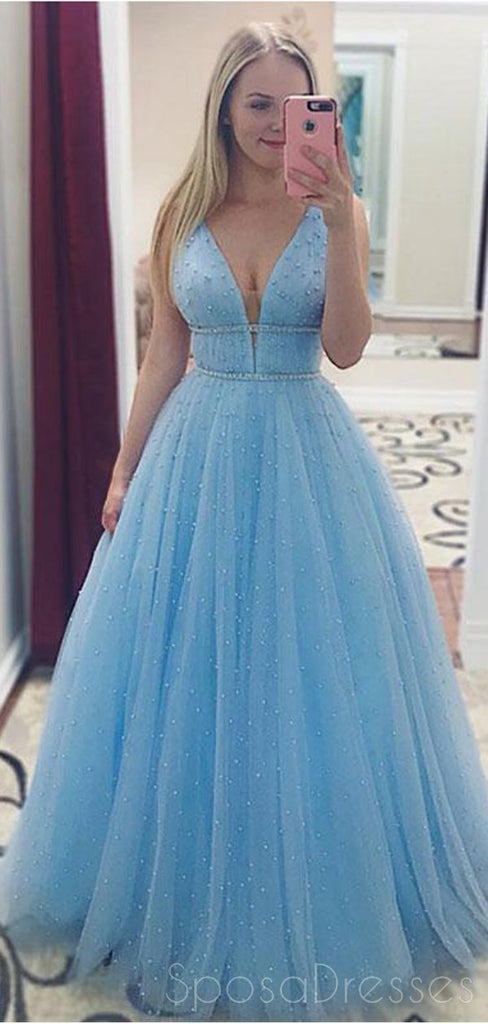 V Neck Beaded A-line Tulle Cheap Long Evening Prom Dresses, Custom Sweet16 Dresses, 18408