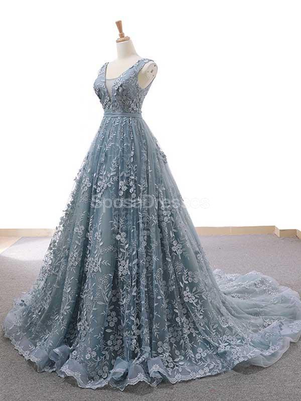 V Neck Dusty Blue Lace Long Evening Prom Dresses, Evening Party Prom Dresses, 12230