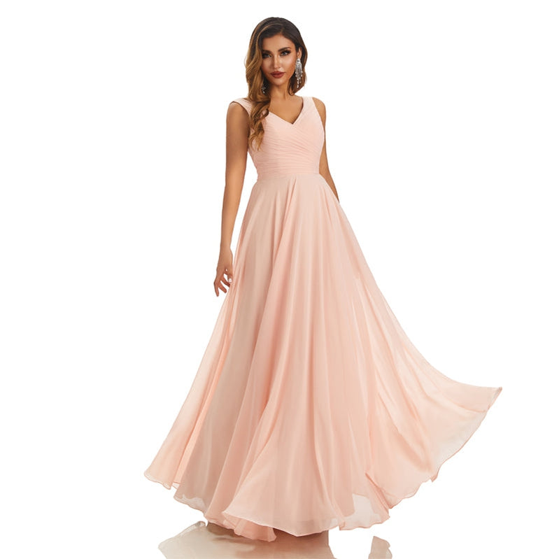 Pink A-line Straps V-neck Cheap Chiffon Long Bridesmaid Dresses,WG1610